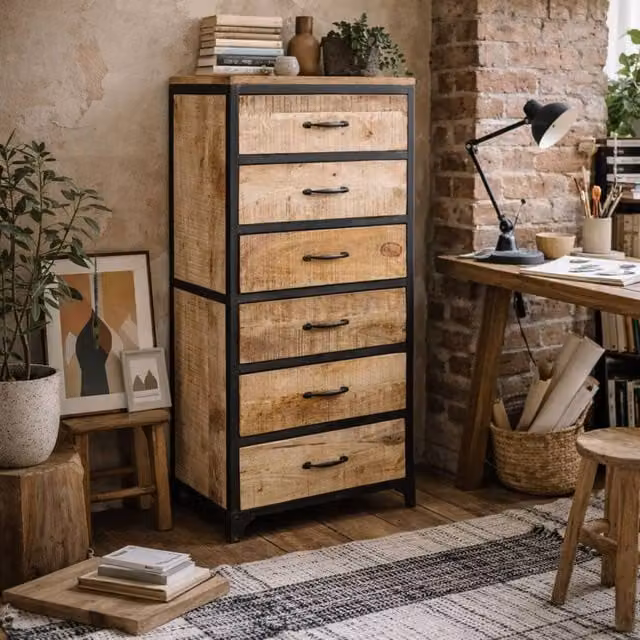 Wyld Haus Toivakka Industrial 6 Drawer Chest in Brown Reclaimed Wood and Metal W/D/H: 120 x 40 x 60 cm