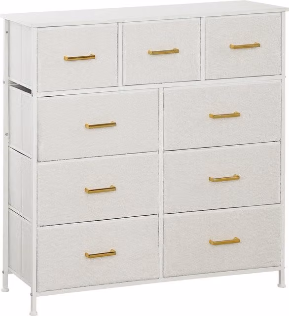HOMCOM Boucle Chest of Drawers with 9 Fabric Drawers and Steel Frame, Cream White – 1