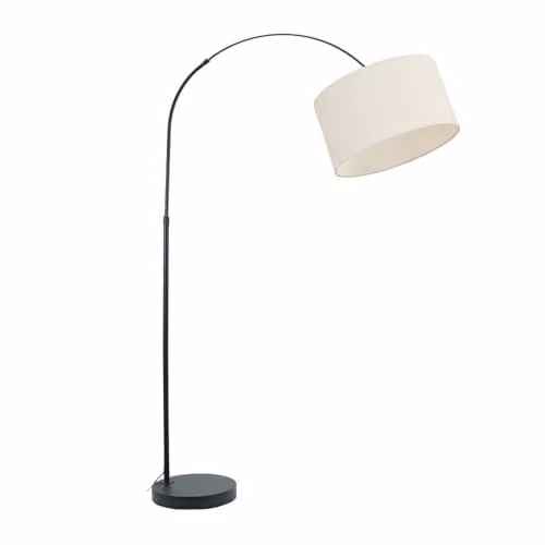 ValueLights Louis Black Metal Arched Floor Lamp with White Fabric Drum Shade, H 180 cm x W 105 cm x D 45 cm