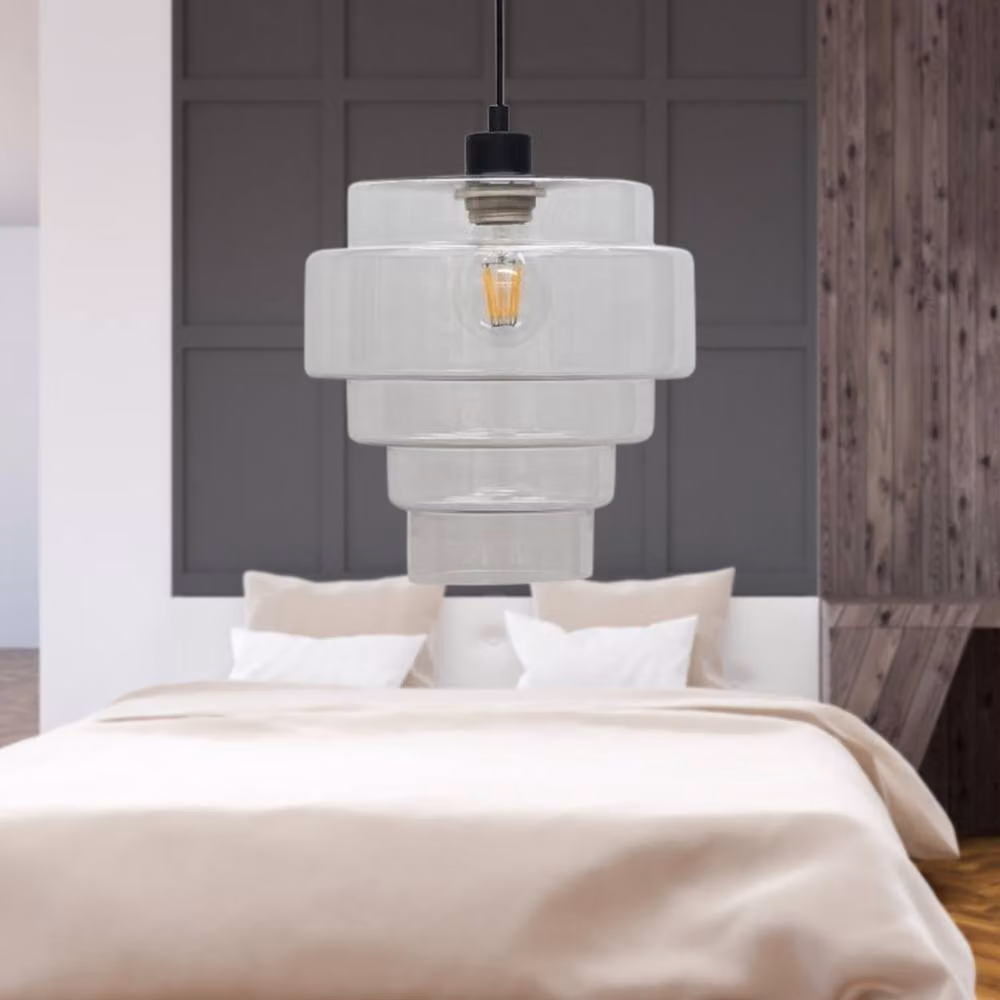 First Choice Lighting Benson Set of 2 Modern 5 Tier Ceiling Pendant Lights with Transparent Glass and Black Metal Finish, H 115 cm x W 23.5 cm x D 23.5 cm – 3