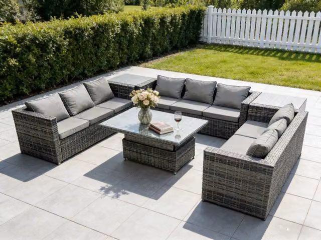 Fimous Modern U-Shape Rattan Dining Set with Rising Table and 2 Side Tables in Dark Grey Mixed