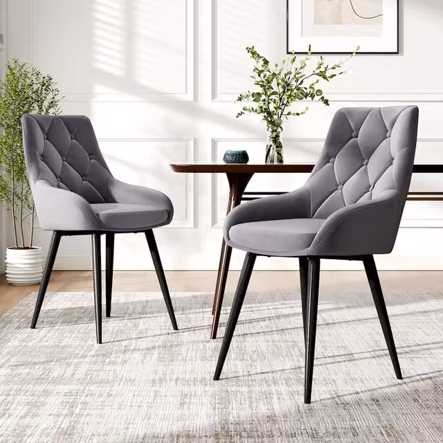Komore Set of 2 Modern Grey Velvet and Metal Geometric Dining Chairs