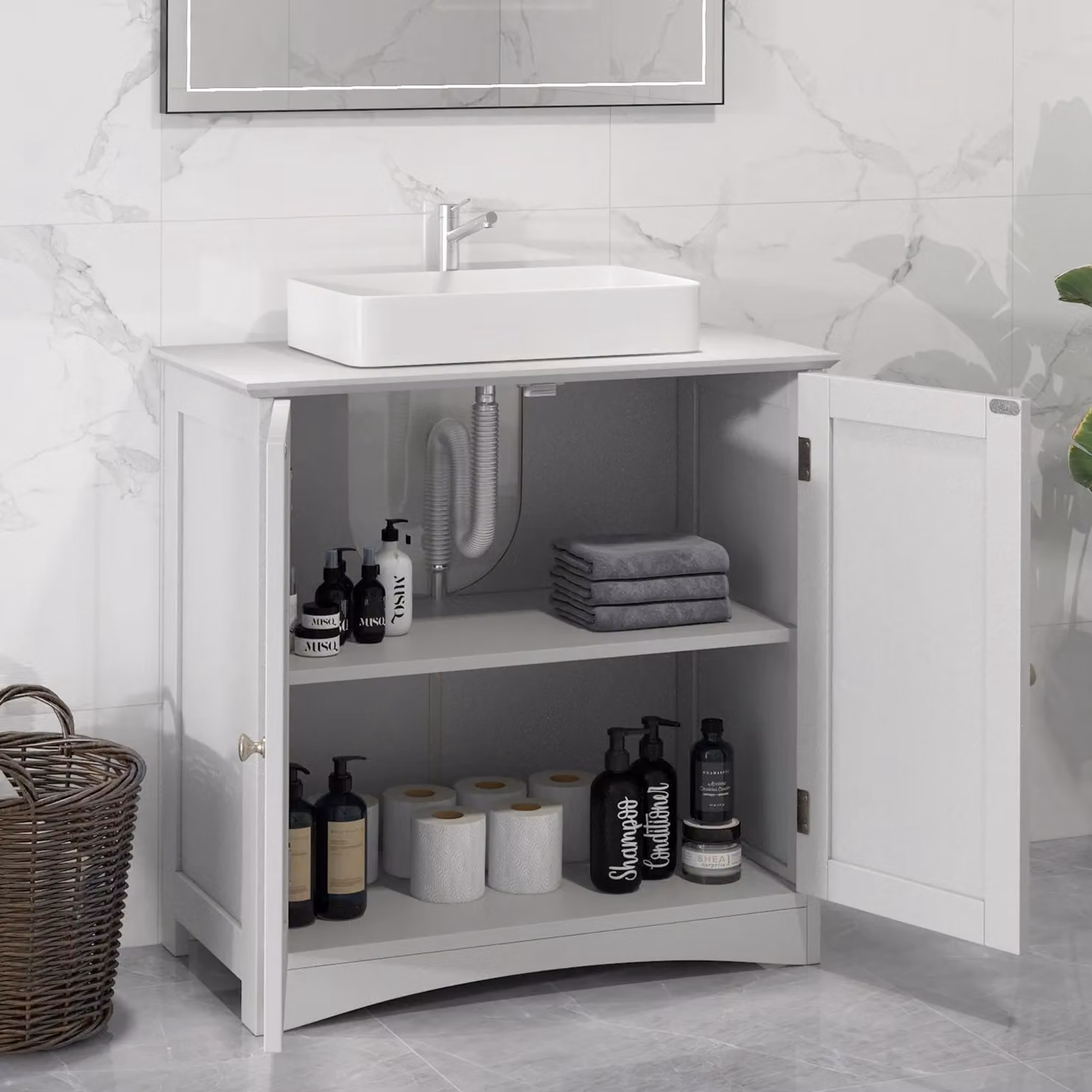 Costway Modern White Lacquered Freestanding Under Sink Bathroom Vanity Cabinet with Hinged Doors and Internal Shelves – 2