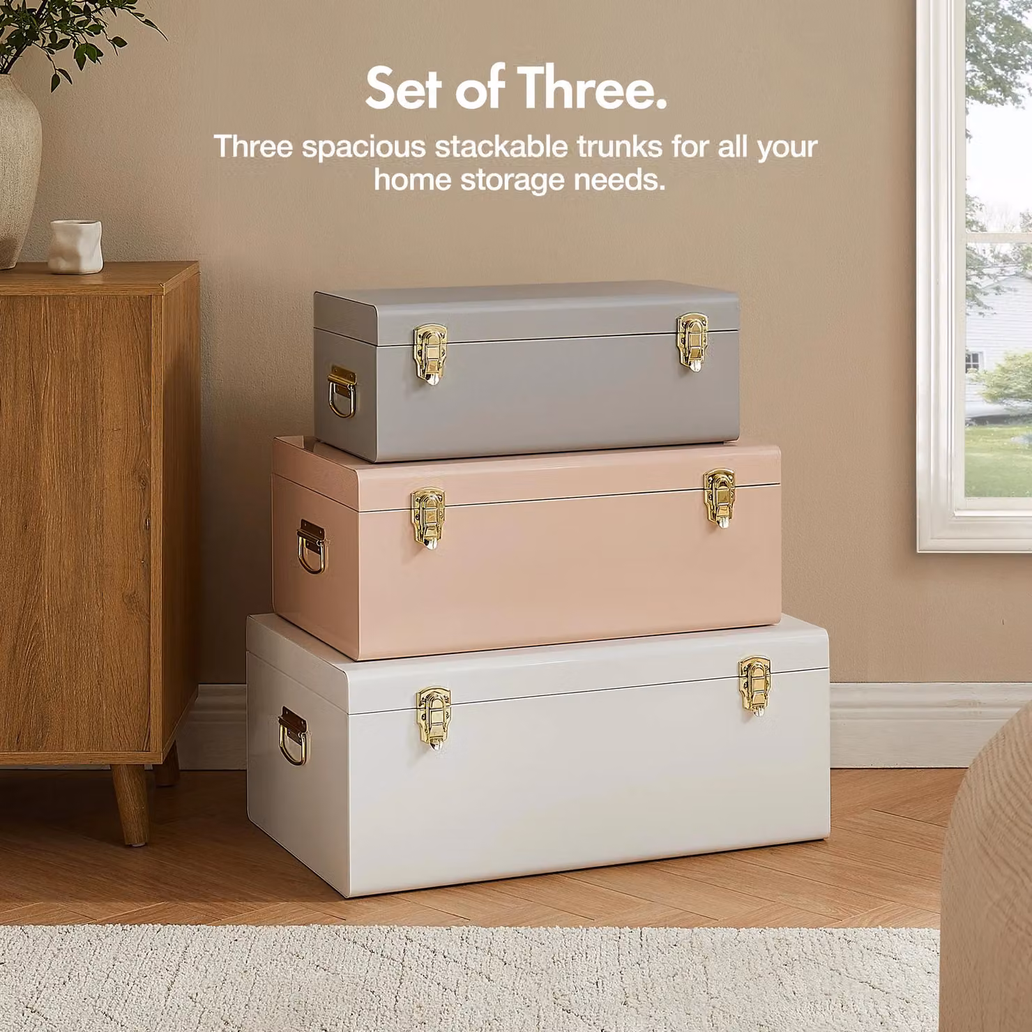 Beautify Set of 3 Metal Storage Trunks in Grey, White and Gold – 3