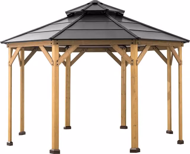 Sunjoy Rustic Cedar Wood and Metal Framed Hip Roof Gazebo in Sand and Black, W: 393 cm, D: 393 cm
