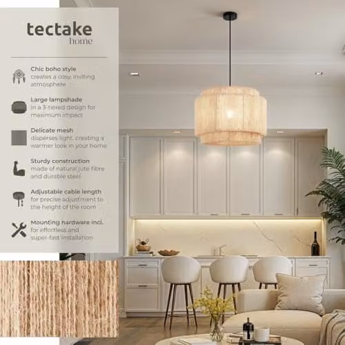 tectake Boho Style Jute Pendant Light in Beige and Brown with Metal Frame, Height Adjustable Suspended Ceiling Lamp for Living Room and Bedroom, Ø 46 x 32 cm – 2