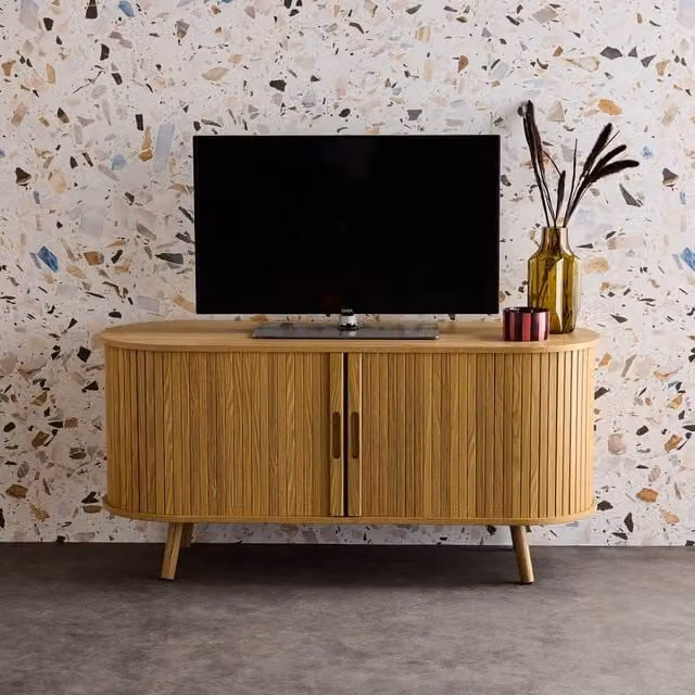 Sweekeet Scandi-style TV Unit with Grooved Wooden Effect and 2 Sliding Doors, Light Brown, W: 120 cm, D: 40 cm, H: 57 cm