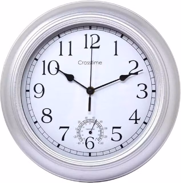 BARGAINS-GALORE Silver Vintage Outdoor Wall Clock and Thermometer with Silent Quartz Movement, Diameter: 30.48 cm – 1