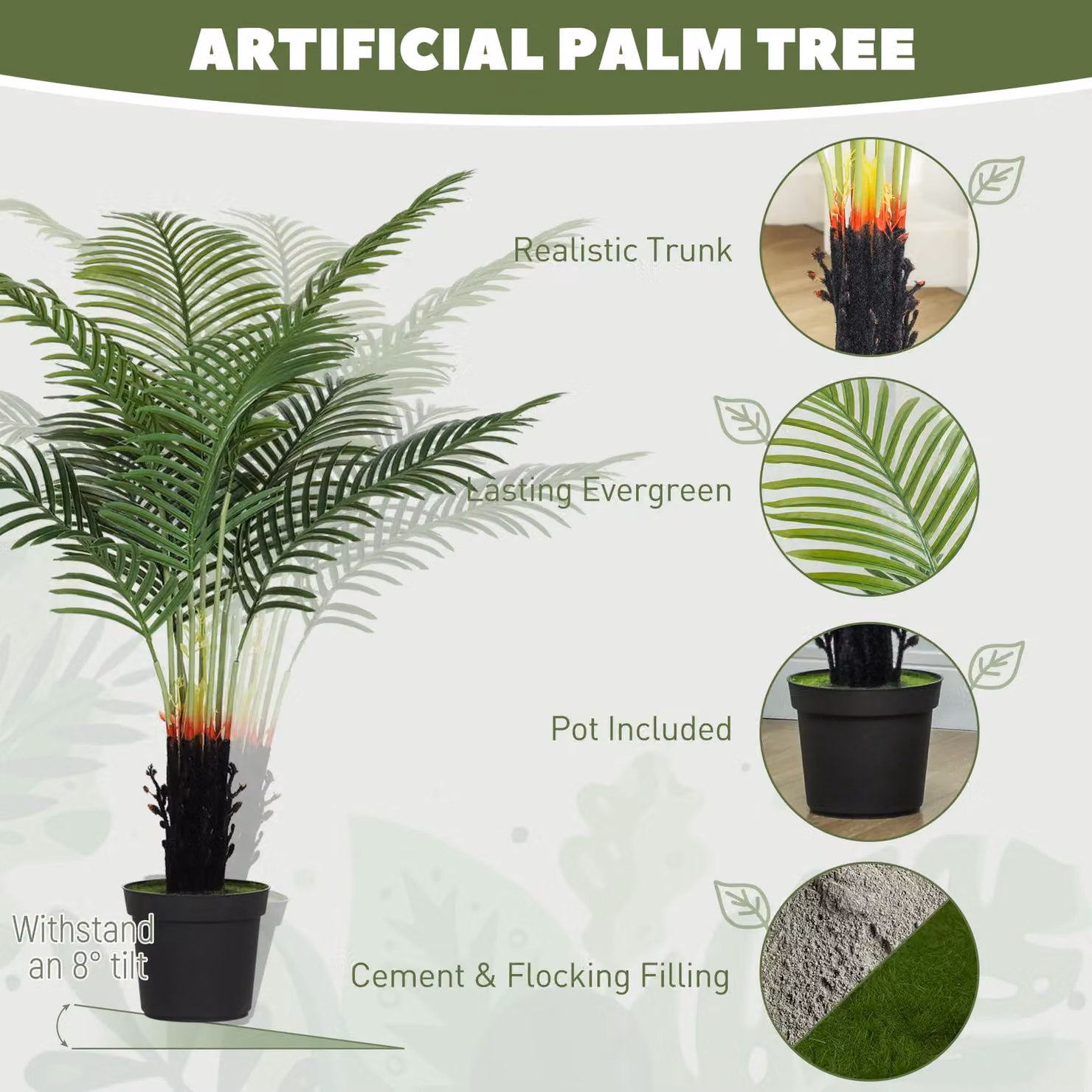HOMCOM Artificial Areca Palm Tree with Green PE Leaves – 3