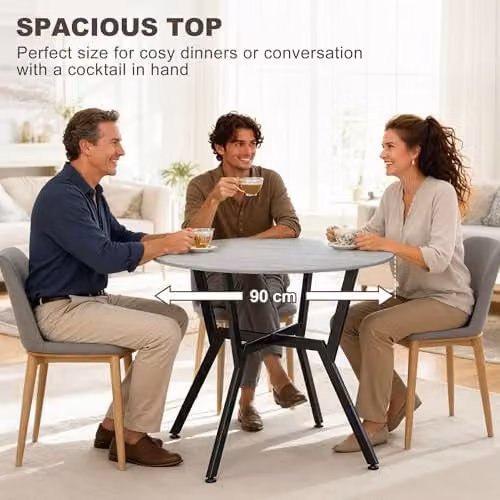 HOMCOM Modern Round Dining Table with Black Metal Legs in Grey – 4