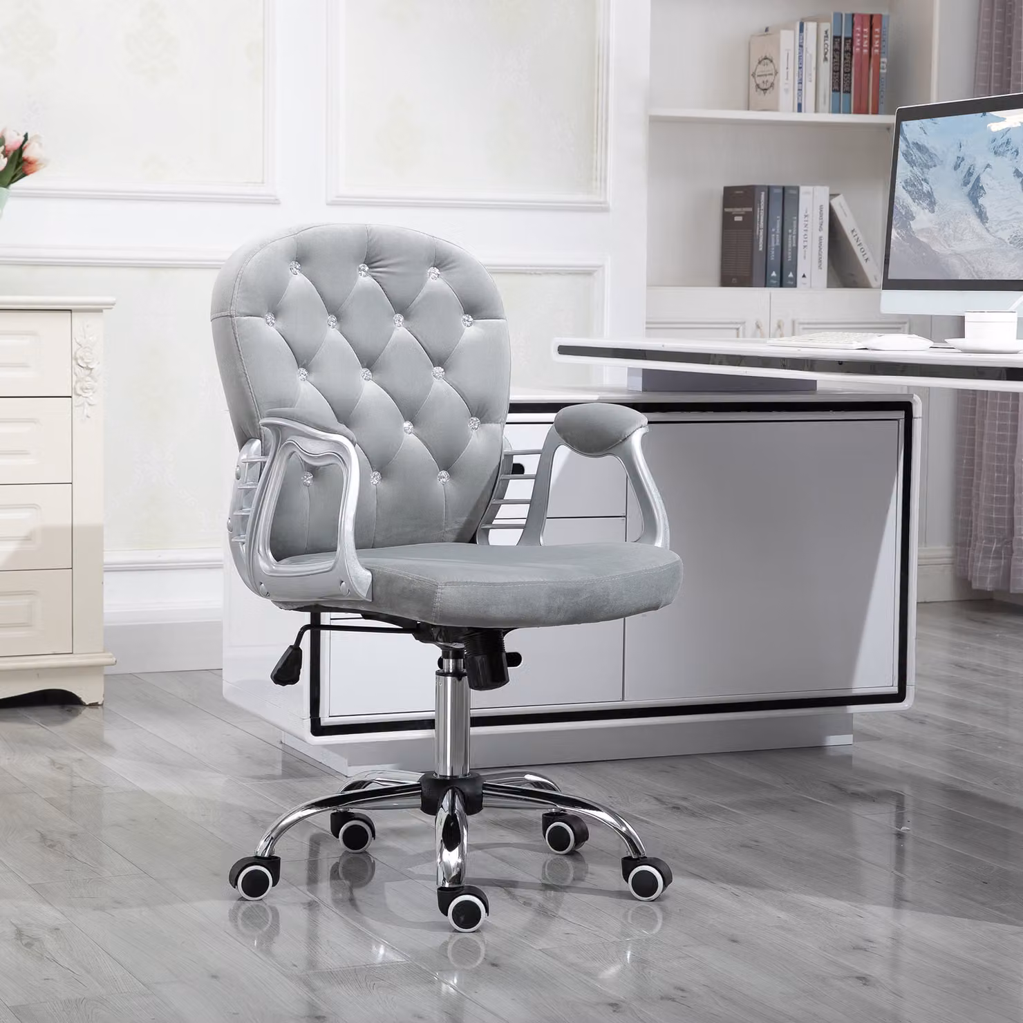 Vinsetto Ergonomic Grey Velvet Office Chair with Diamond Tufted Design and 360 Degree Swivel – 2