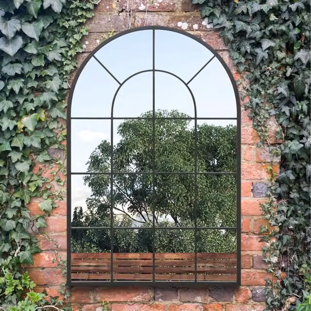 MirrorOutlet Arcus Modern Hanging Garden Mirror in Black Metal and Glass