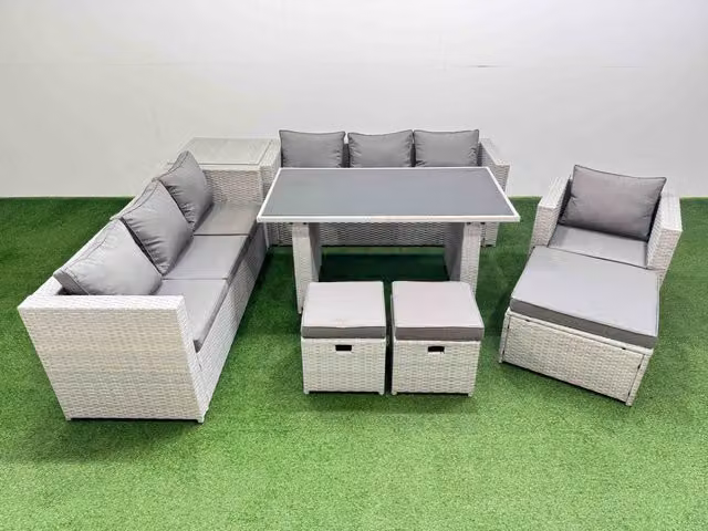 Fimous Light Grey Polyrattan Patio Garden Furniture Set with Side Table and 3 Stools