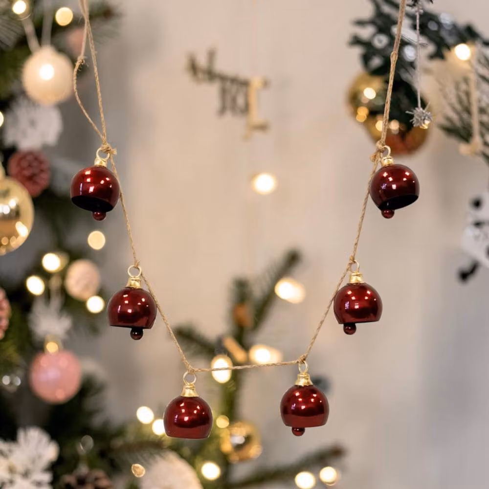 Four Candle Rustic Christmas Garland with 6 Red and Gold Metal Bells – 2