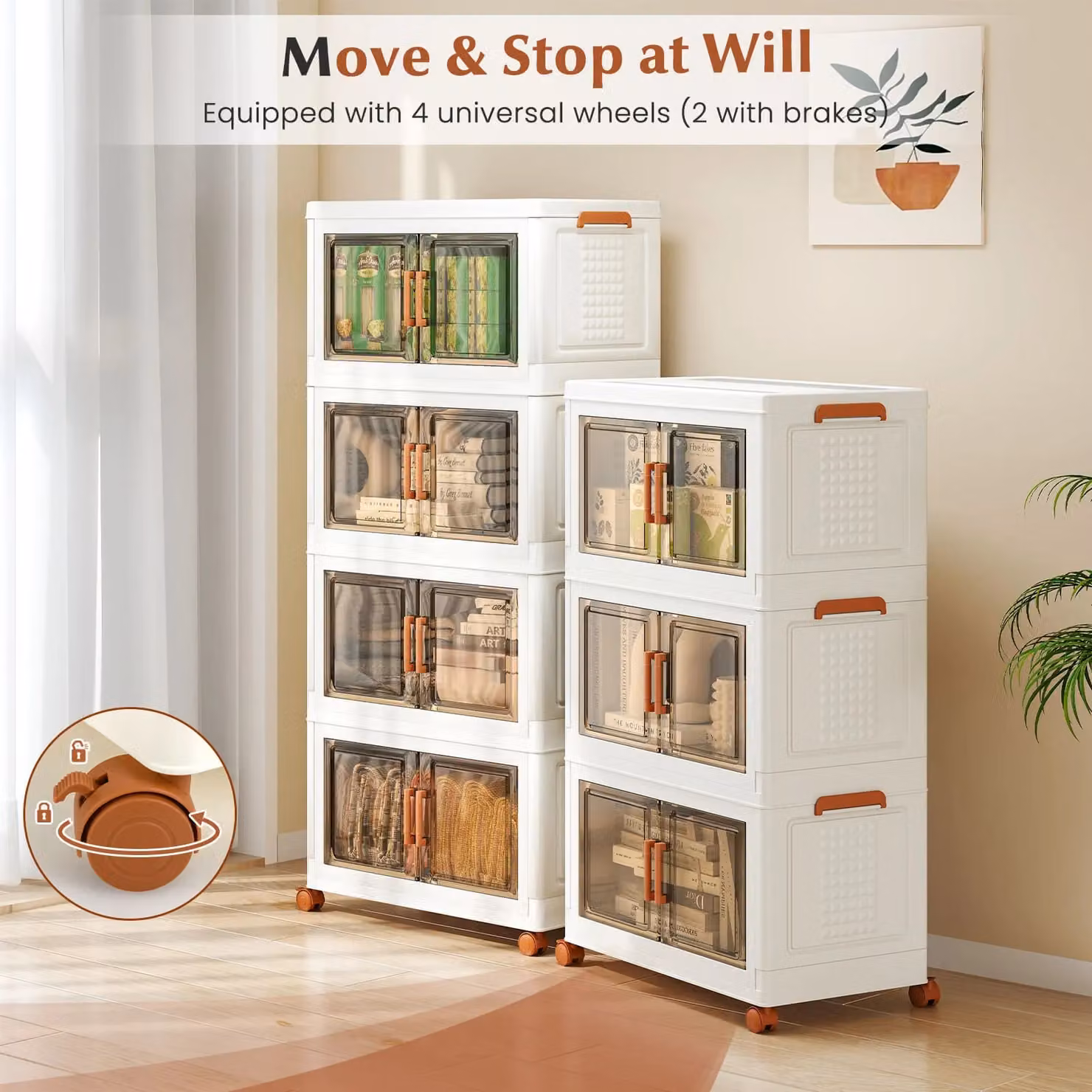 Costway 3-Pack Stackable and Collapsible Plastic Storage Bins with Handles and Wheels, White – 3