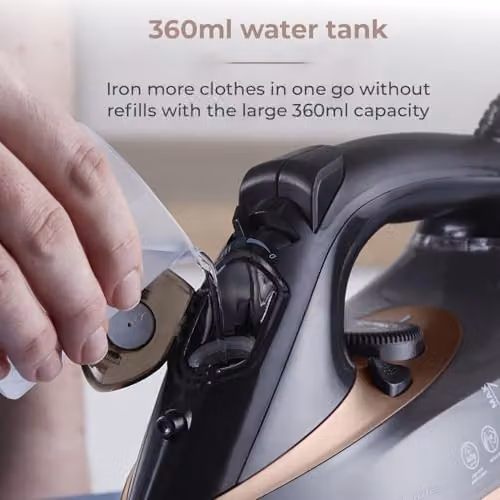 Tower Steam Iron with Ceramic Non-Stick Soleplate, Vertical Steam and Anti-Calc System, Black and Gold – 5