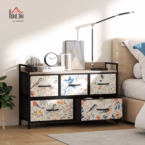 HOMCOM Modern White Fabric Bedroom Chest of Drawers with 5 Drawers – 2