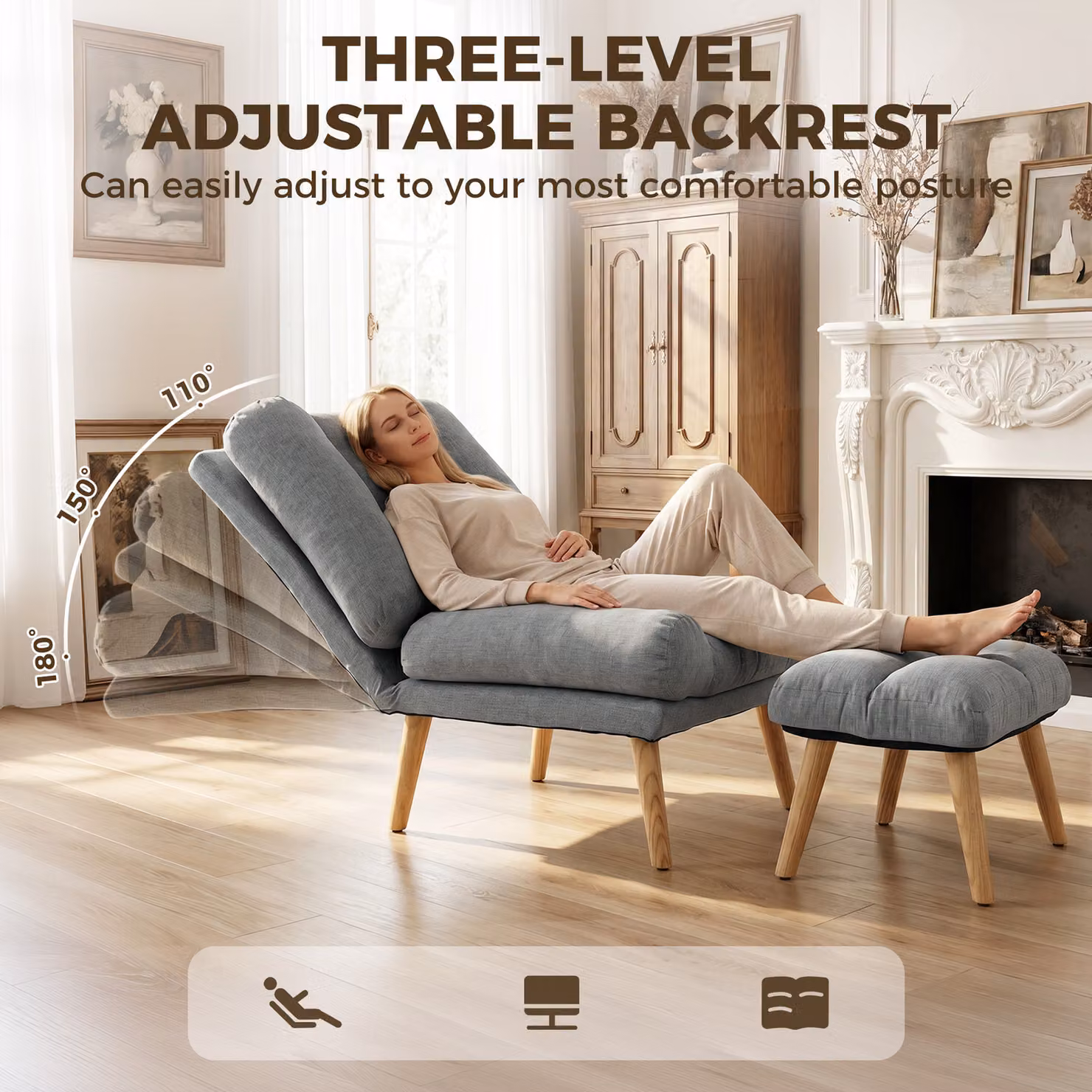 HOMCOM Grey Fabric Recliner Armchair with Matching Footstool and Wooden Legs – 4