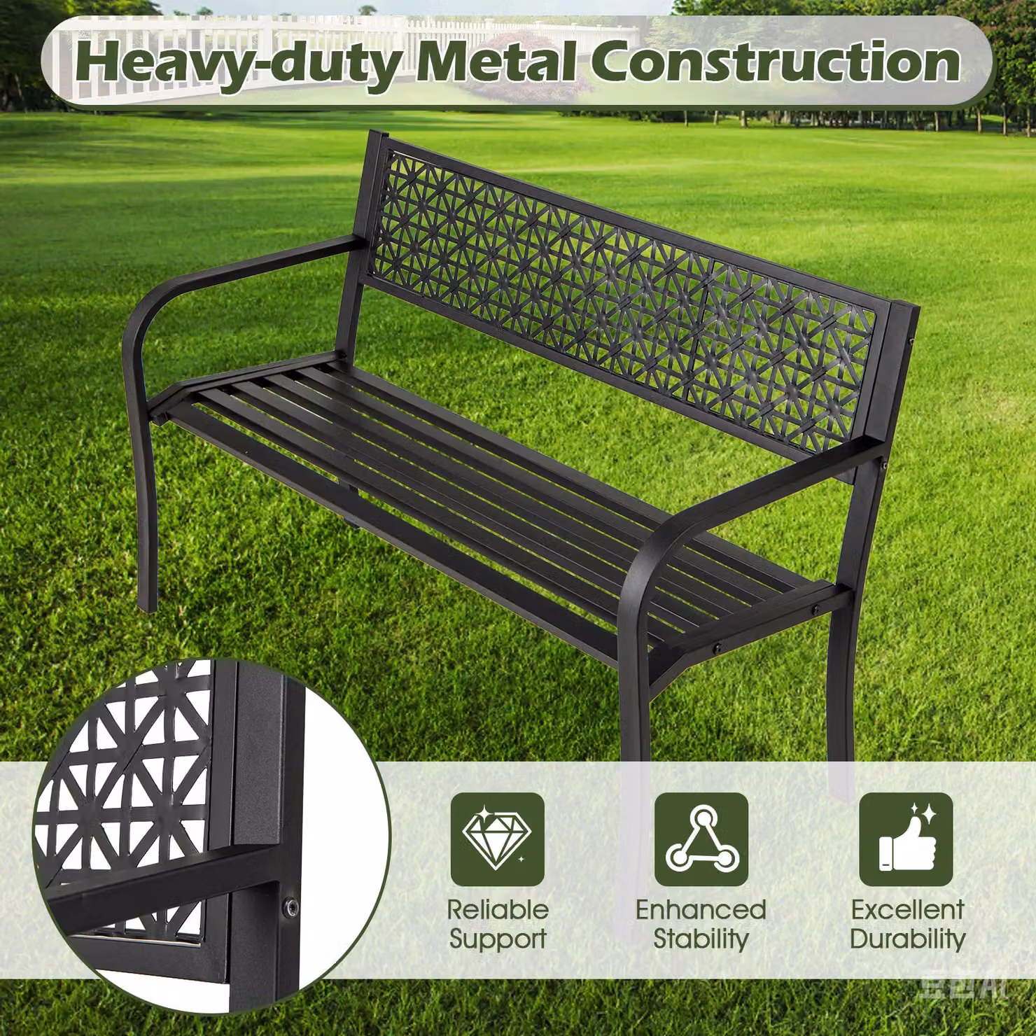 Costway Black Metal Outdoor Patio Bench for 2-3 People, Width: 127 cm – 9