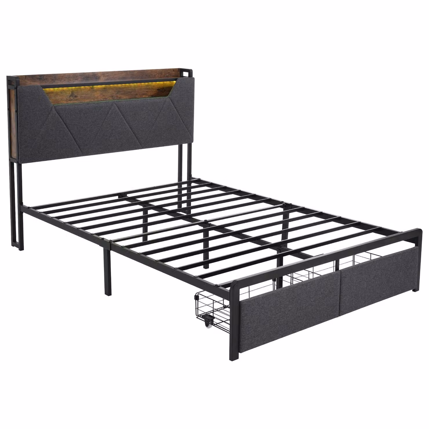 Aosom UK Upholstered Double Bed with Smart LED Lighting, USB Type-C Charging and Storage Drawers, Grey, L: 208 cm, W: 137 cm, H: 110 cm – 2