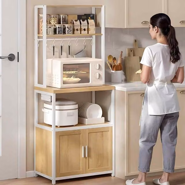 The Bazaarist Bakers Rack Coffee Bar with Power Outlet and 8 Hooks in Golden Oak and Cloud White