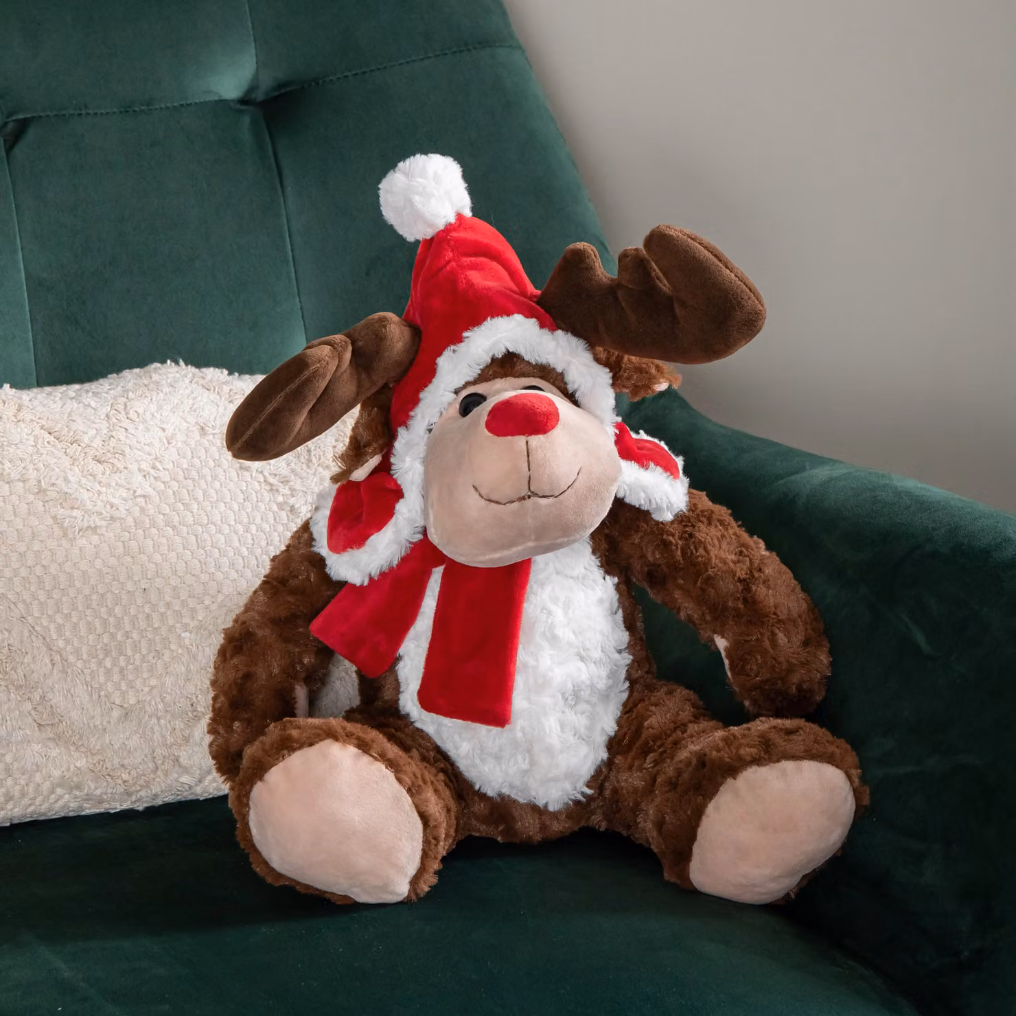 Samuel Alexander Brown Sitting Plush Christmas Reindeer with Red Hat and Scarf, Height: 30 cm – 5
