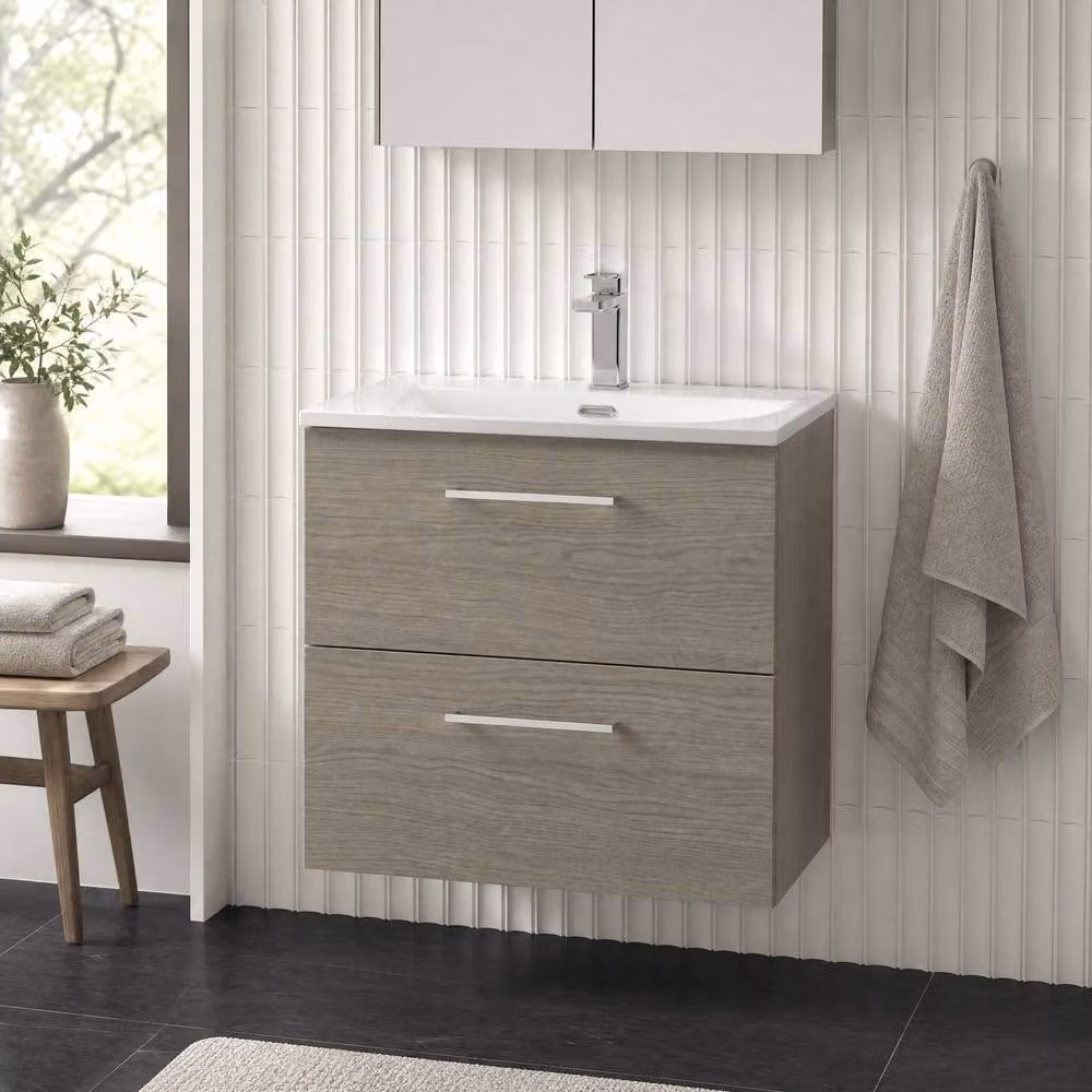 Balterley Modern Wall Hung 2-Drawer Bathroom Vanity Basin in Solace Oak Brown, Width: 60 cm – 2