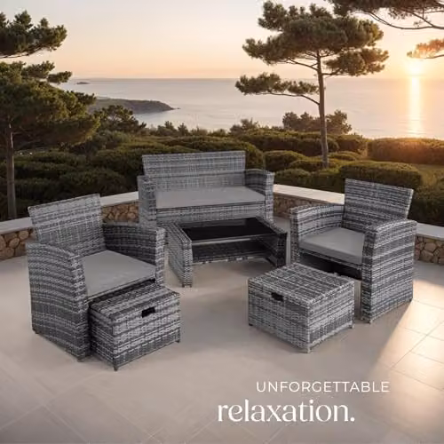 tectake Modern Rattan Garden Furniture Set in Grey with Metal and Glass Details for 7 Adults – 7