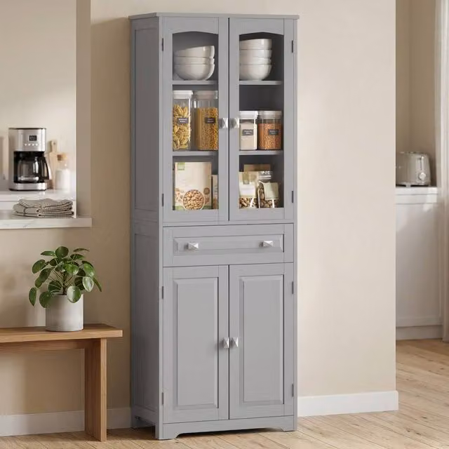 HOMCOM Modern Tall Kitchen Cupboard with Glass Doors and Internal Shelves, Grey, H 160 x W 60 x D 30 cm