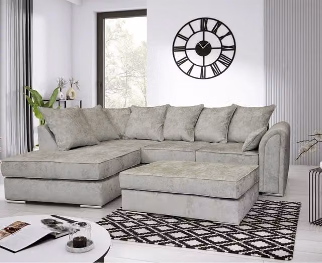 Snugg Furniture UK Limited Cardinal Left Hand Corner Sofa with Matching Ottoman in Silver Microfibre – 1