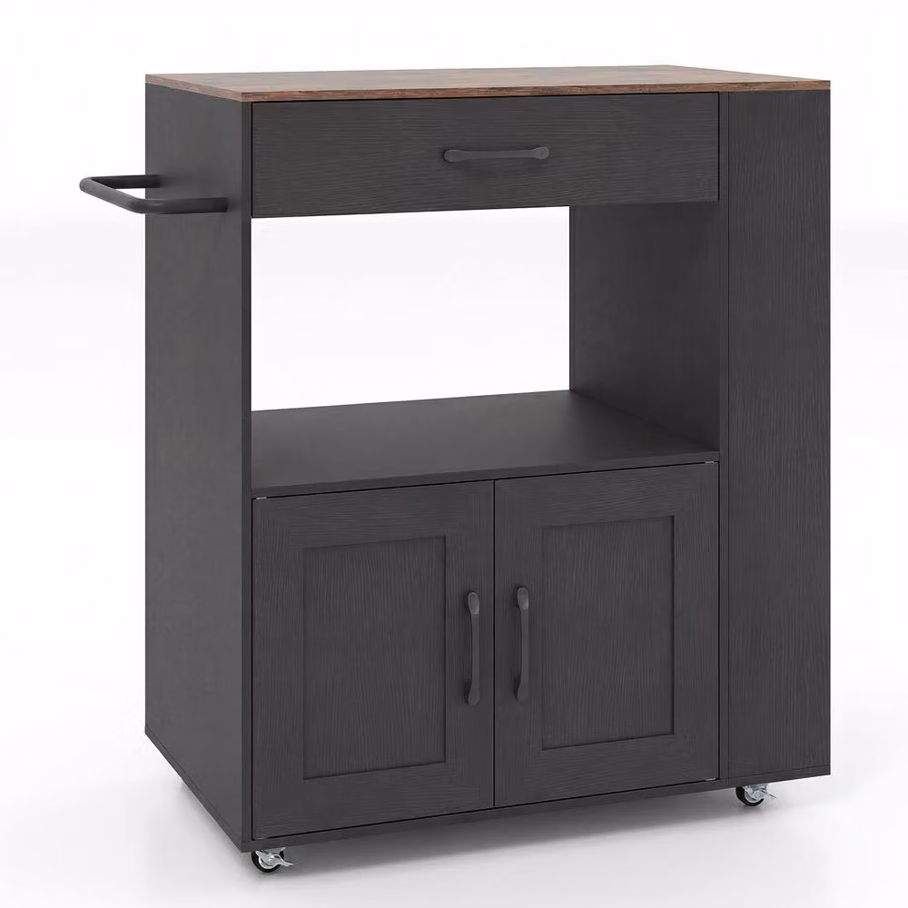 Costway Black Wood Kitchen Island Cart with Storage and Wheels – 9