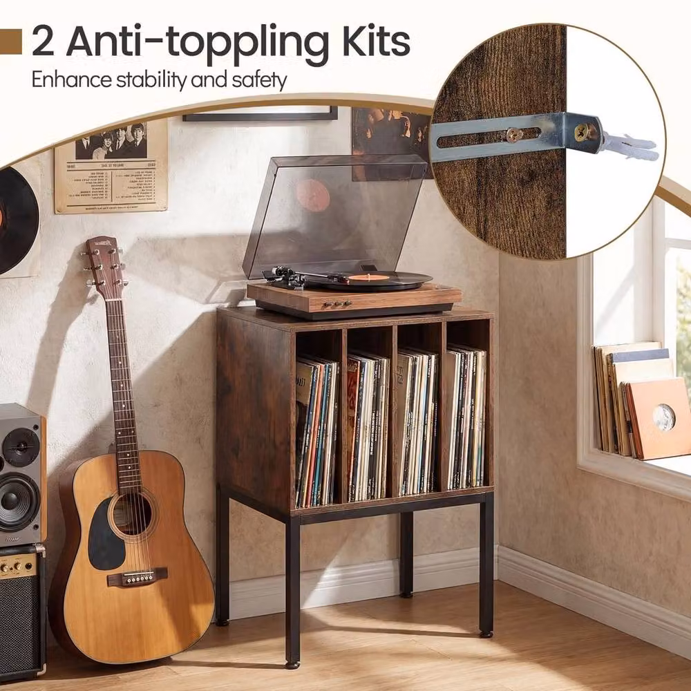 VOGREX Industrial Metal Turntable Stand with Vinyl Record Storage Shelves in Brown – 6