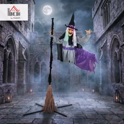HOMCOM 200cm Life Size Animated Flying Witch Halloween Decoration in Black and Multicolour – 2