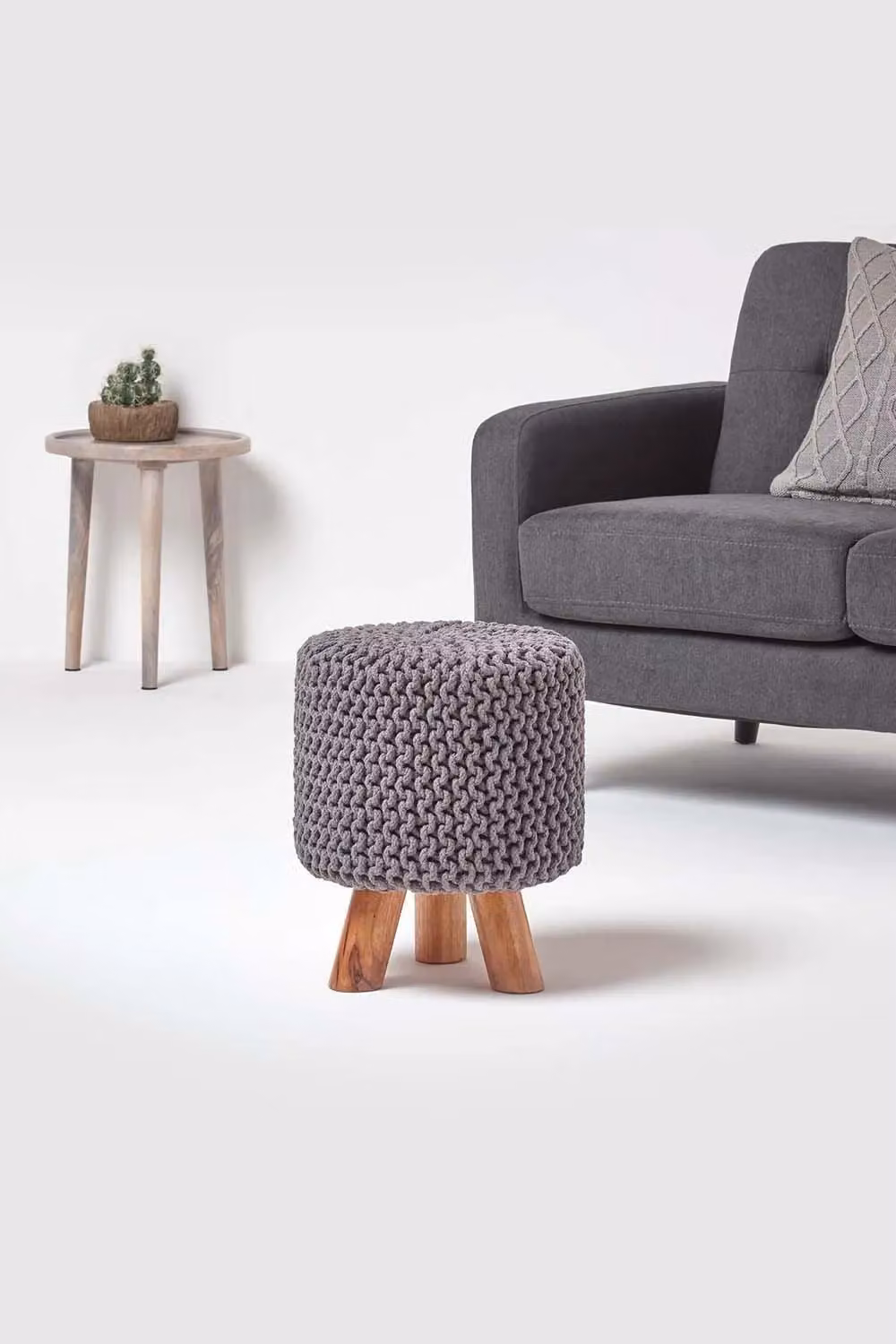 Homescapes Tall Grey Cotton Knitted Footstool with Wood Frame – 2
