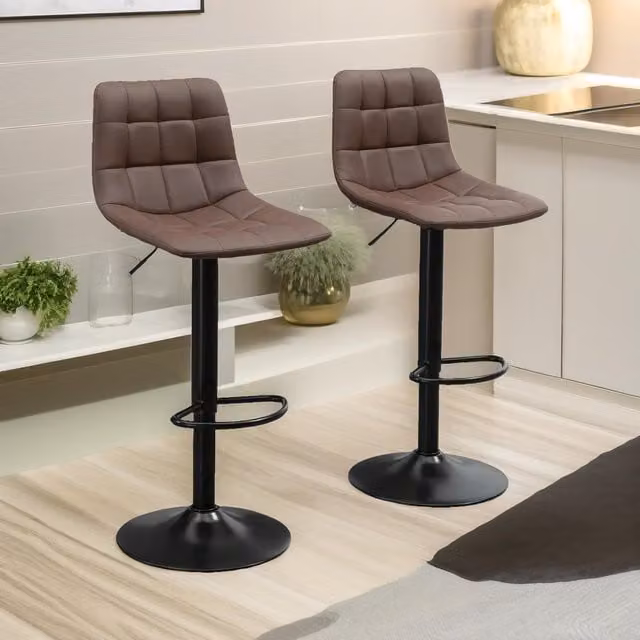 FURNOS Set of 2 Brown Synthetic Leather Height Adjustable 360 Swivel Barstools with Shell Seat