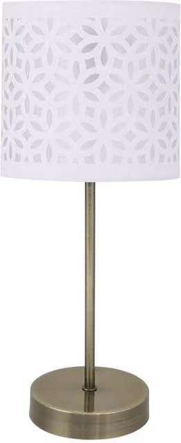 First Choice Lighting Antique Brass Stick Table Lamp with White Laser Cut Shade in Bronze