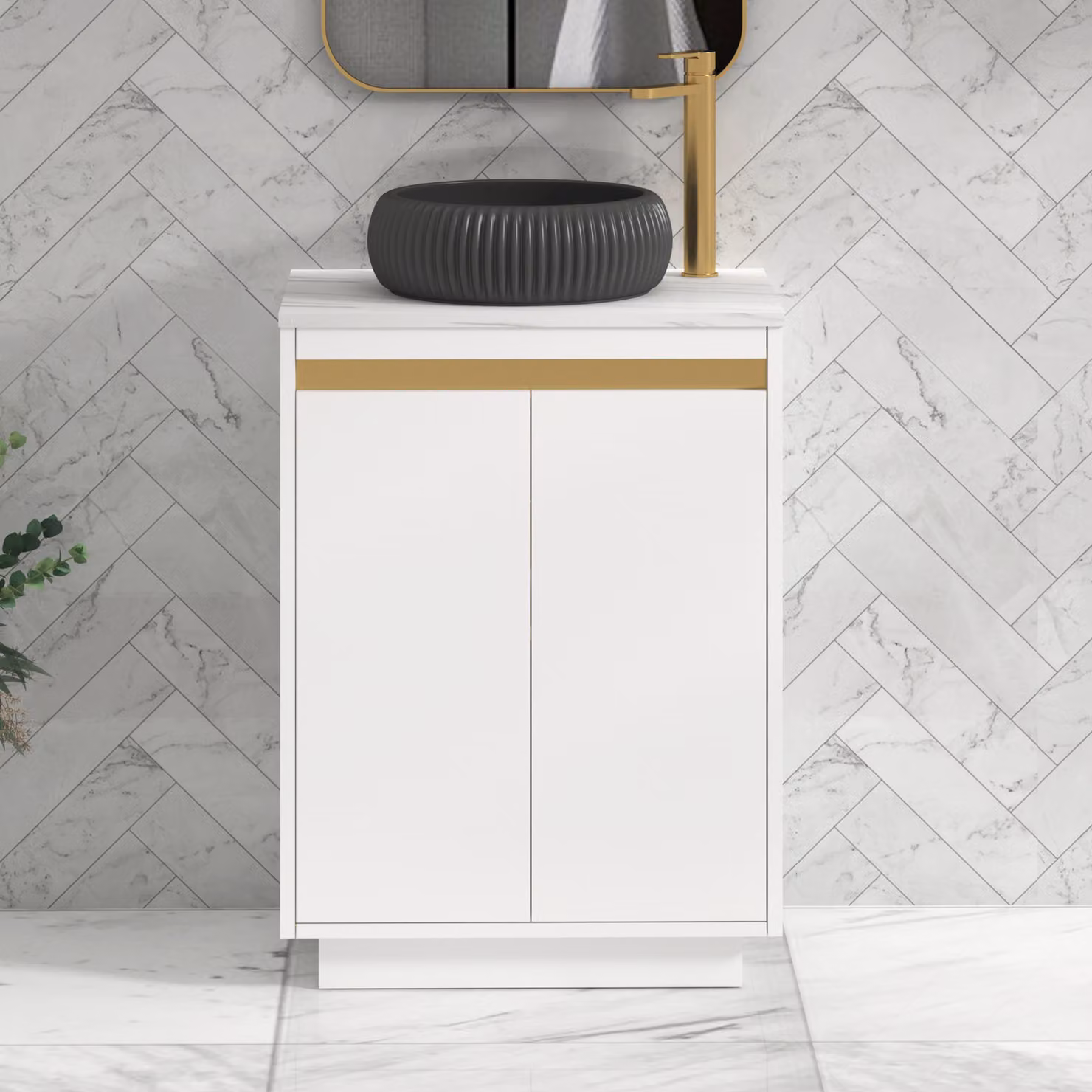 Royal Bathrooms Orion 600mm Matt White Floor Standing 2 Door Vanity Unit with Milan Black Basin and Brushed Brass Accent Trim