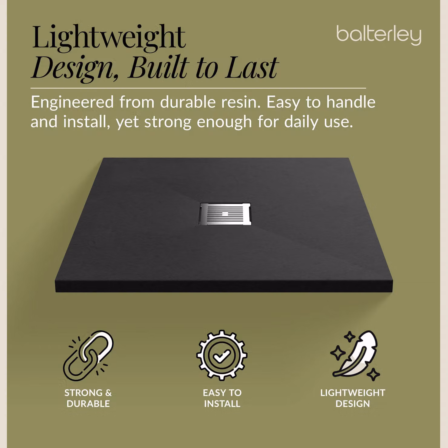 Balterley Slimline Square Mineral Cast Shower Tray in Black, W/D: 90 x 90 cm – 3