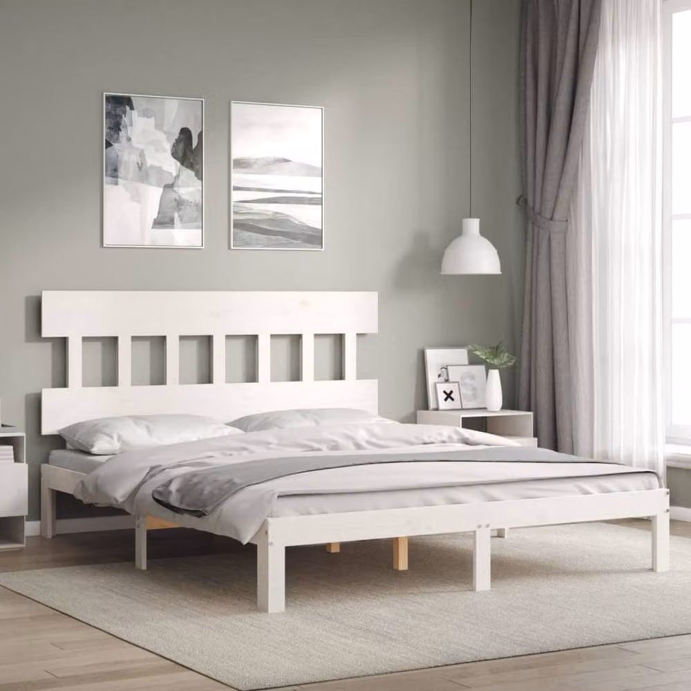 Berkfield Home Solid Wood Bed Frame with Headboard in White, W/D/H: 160 x 200 cm – 2