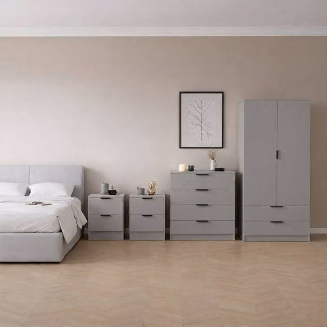 HD Designs Trega 4 Piece Grey Bedroom Set including Wardrobe, 4 Drawer Chest and 2 Bedside Tables