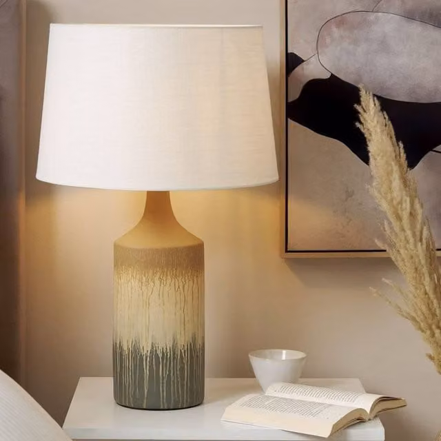 Wyld and Coco Modern Table Lamp with Beige and Grey Ceramic Base and White Fabric Shade – 1