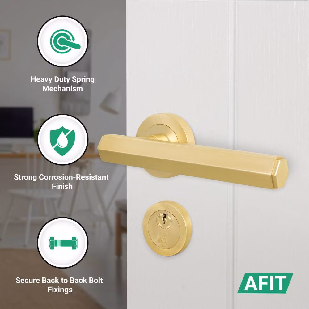 AFIT Brass Fire Door Handle with Euro Lock, Double Cylinder and Hinges in Gold, 150 x 150 mm – 2