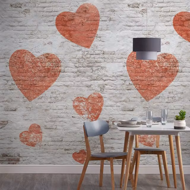 Grandeco Graffiti Heart Abstract Textured Wallpaper Mural in White and Red