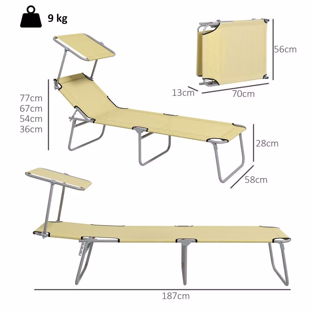 OUTSUNNY Set of 2 Folding Sun Loungers with Sunshade and Adjustable Headrest in Beige – 2