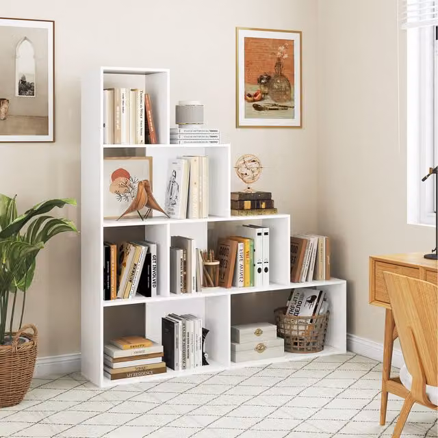 COSTWAY 4-Tier White Geometric Cube Stepped Bookshelf