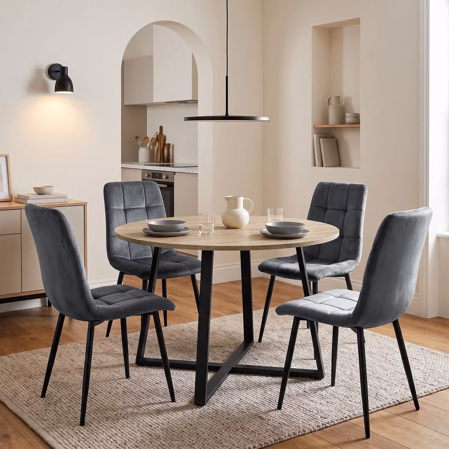 Kyvon Round Dining Table Set with 4 Chairs in Grey and Black, Diameter: 110 cm, Height: 75 cm