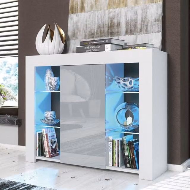 Creative Furniture Harbor Sideboard with Glossy Grey and White Doors and Integrated Lighting W/D/H: 97 x 35 x 83 cm