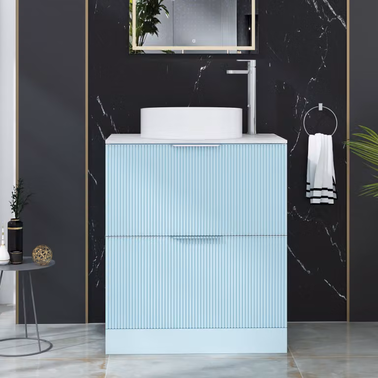 Royal Bathrooms Evora 700mm Powder Blue Fluted Floor Standing Vanity Unit with 2 Drawers and Carrara White Stone Worktop