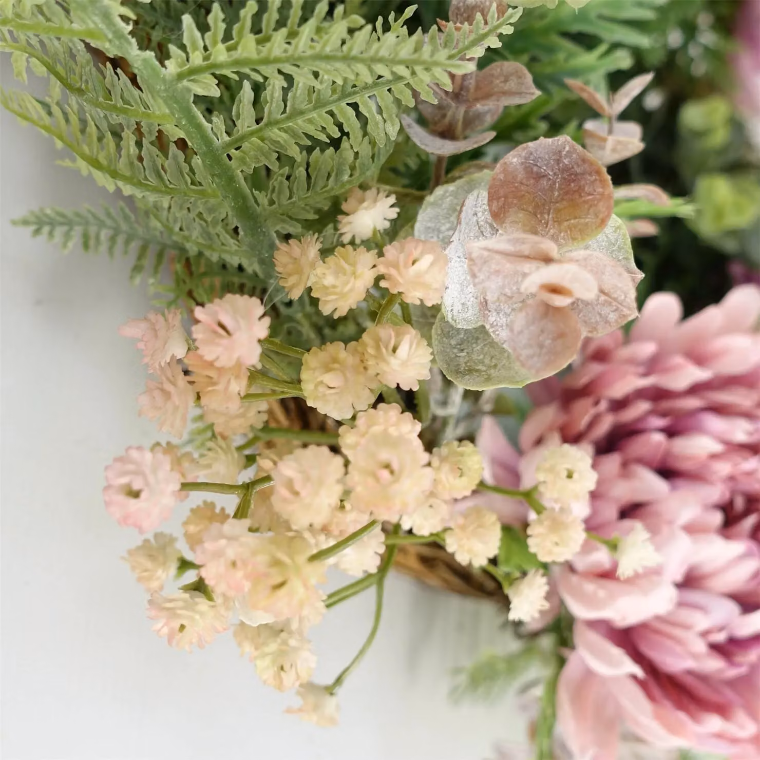 Leaf Pink Floral Blossom Artificial Wreath in Green, Diameter: 45 cm – 4