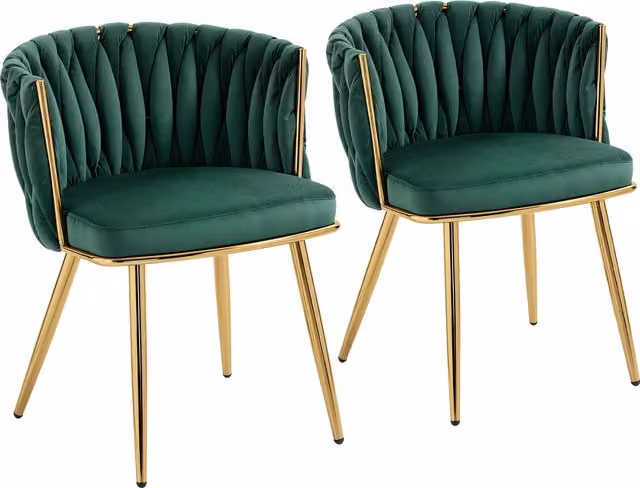 HOMCOM Set of 2 Modern Velvet Dining Chairs with Armrests and Metal Legs, Dark Green and Gold – 1